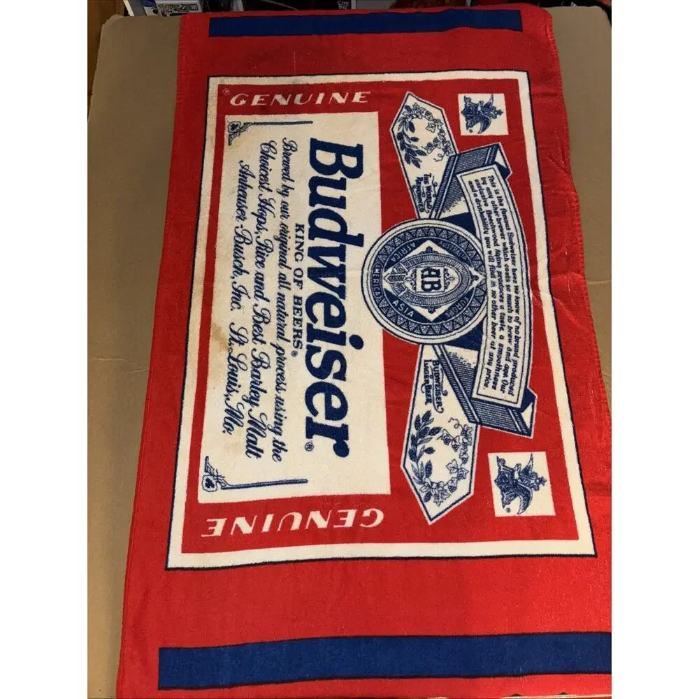 Vintage 90s Budweiser Anheuser-Busch Beach Towel Red King of Beers Label Print